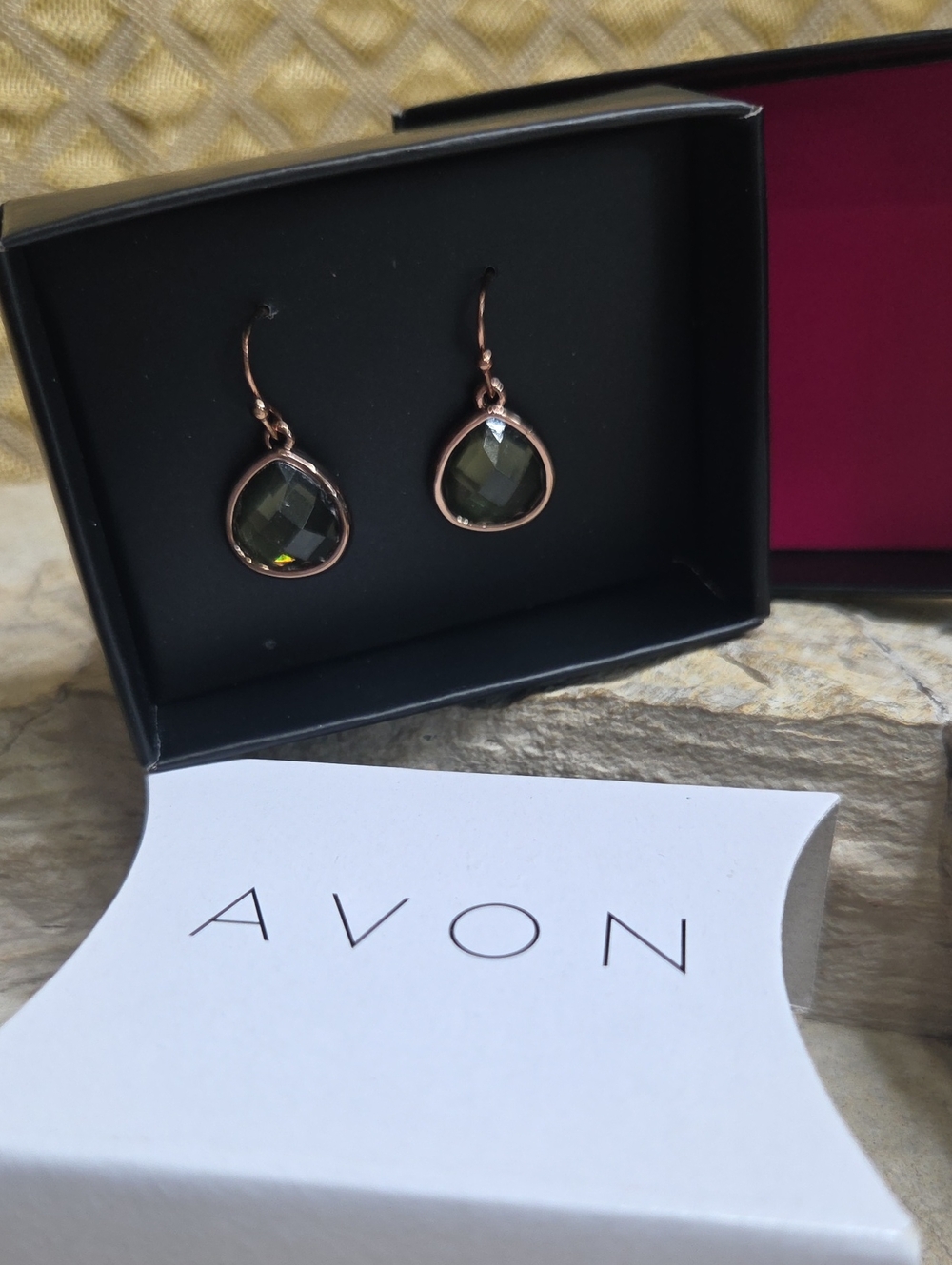 Vintage Avon Rose Gold Earrings with Olive Green Teardrop Stones